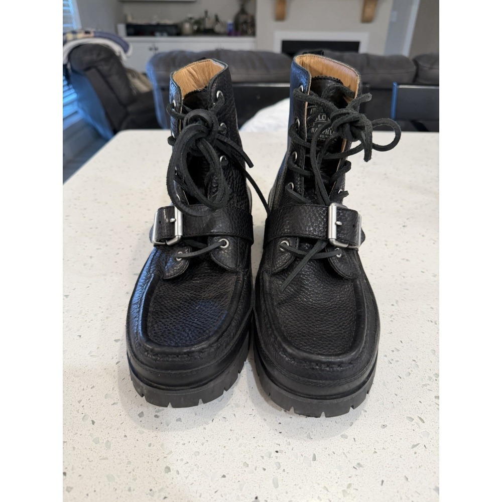 VTG Polo Country Ralph Lauren 90s Ranger Boots Black Pebbled Leather Buckle VNDS - Picture 8 of 10